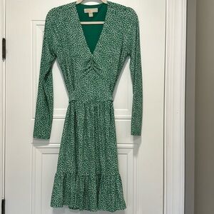 Michael Kors XS Long Sleeve Tie Waist Dress Green with Cheetah cream print